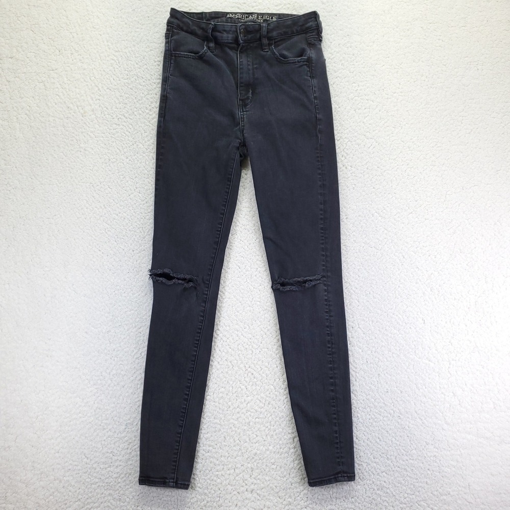 American Eagle Super Hi-Rise Jegging Black Distressed Super Stretch X Size 4 Reg